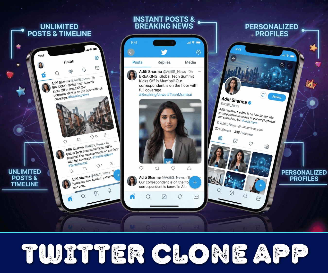 Twitter clone social network app Follow Chat Tweet Live