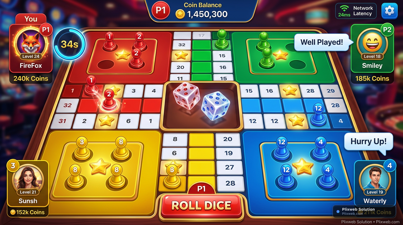 4-Player Live Multiplayer Ludo Board Gameplay Screen