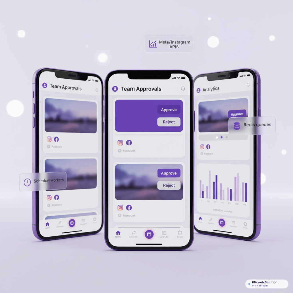 SocialPulse mobile approvals and scheduled publishing on product phones.