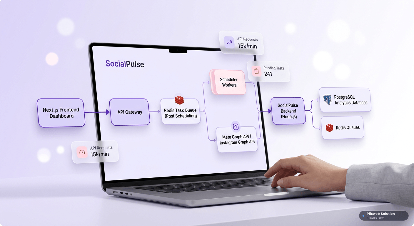 System architecture mapping APIs, Redis queues, and databases.