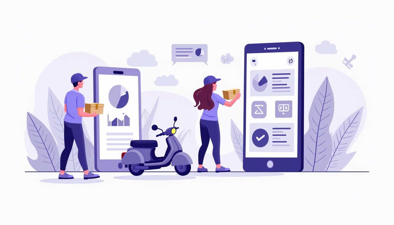 "Food Delivery App Development Strategies for Startups" Create an image using this test, create a professional image by using 2D images related to this test in the image. use image purple low blue color . background color white