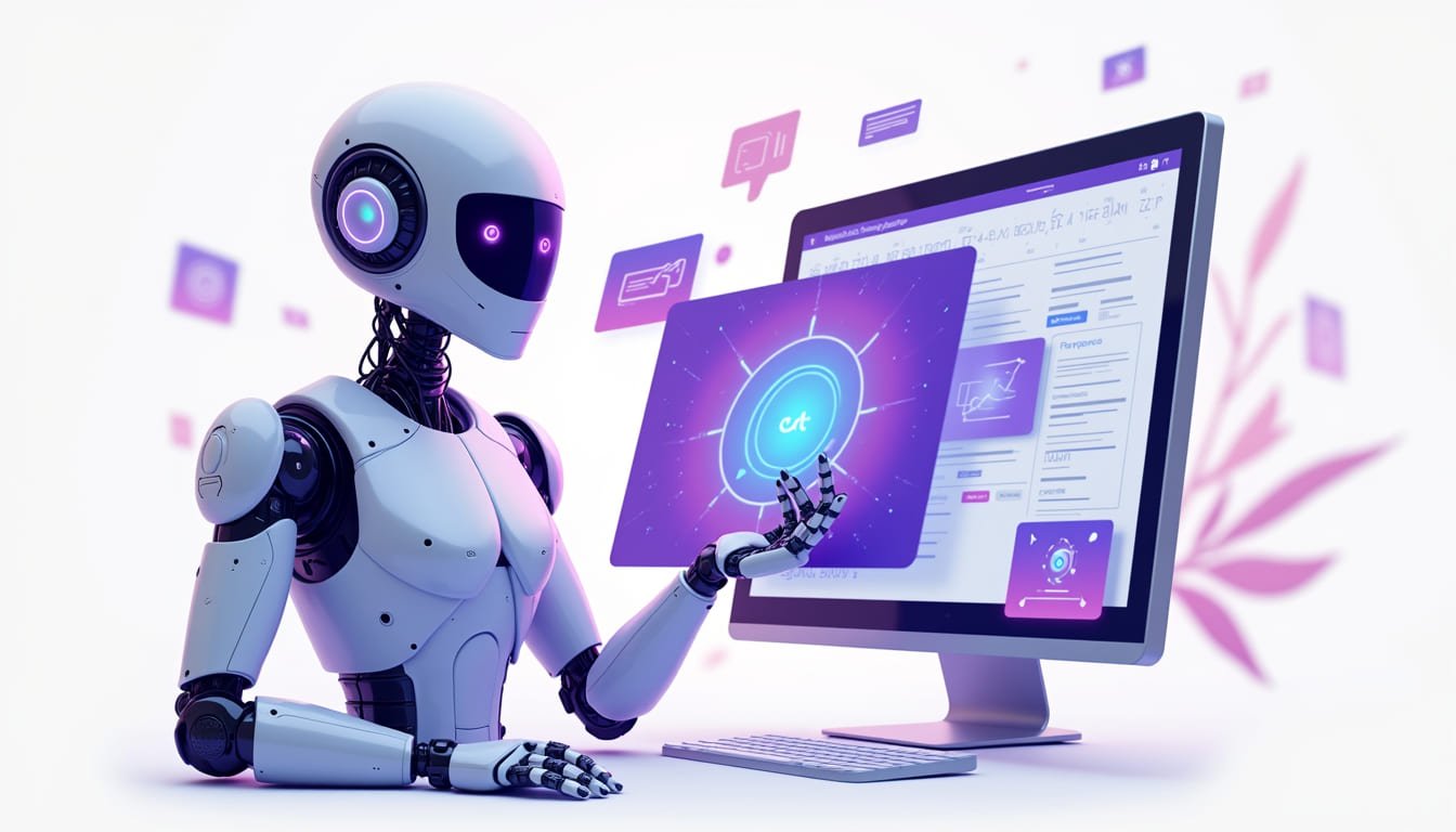 "Develop AI Image Generator: The smarter way of creating visual AI tools" Create an image using this test, create a professional image by using 2D images related to this test in the image. use image purple blue color . background color white